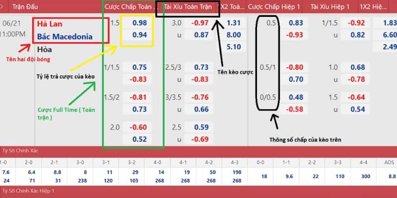 Các ký hiệu và thuật ngữ trong bảng tỷ lệ kèo cá cược